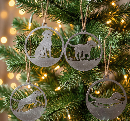 Set of 4 Silver Labrador Retriever Christmas Ornaments – Rustic Laser Cut Wood Dog Baubles – Painted Plywood Holiday Decor – Gift for Dog Lovers