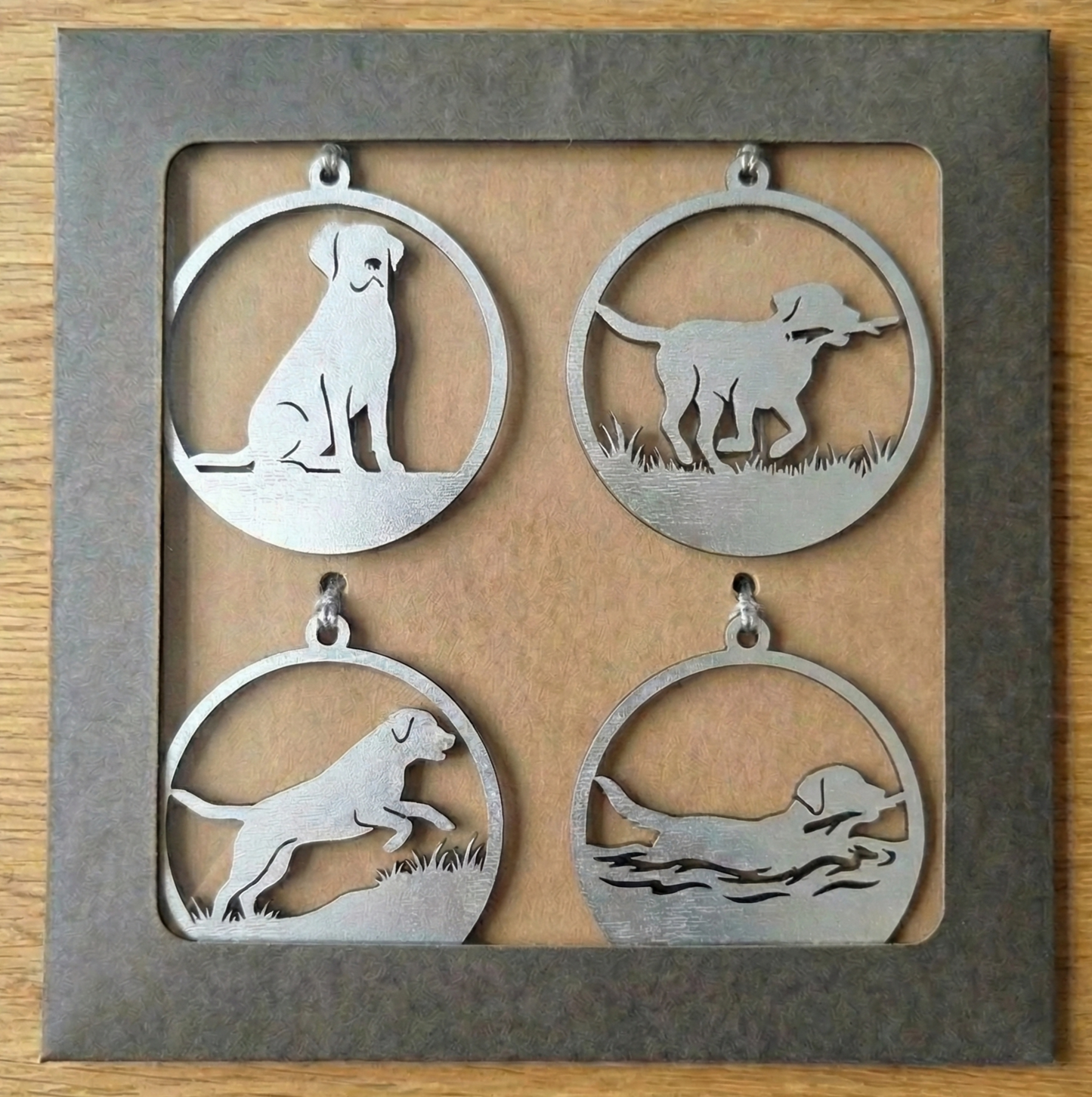 Set of 4 Silver Labrador Retriever Christmas Ornaments – Rustic Laser Cut Wood Dog Baubles – Painted Plywood Holiday Decor – Gift for Dog Lovers