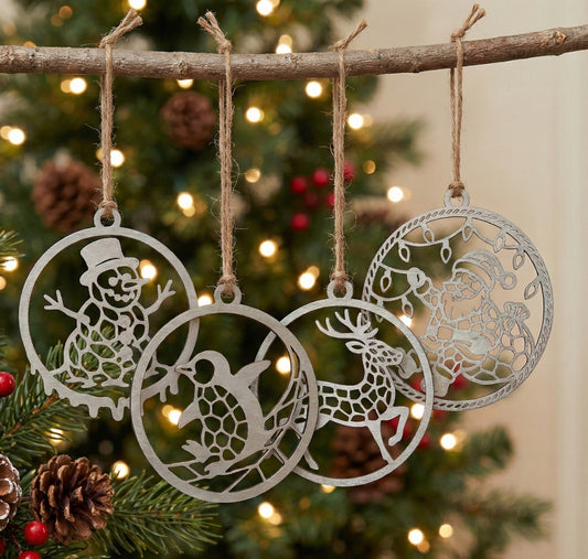 Handmade Wooden Christmas Bauble Set | 4 Laser Cut Voronoi Ornaments | Reindeer, Santa, Penguin & Snowman | Gift Envelope + Free Shipping