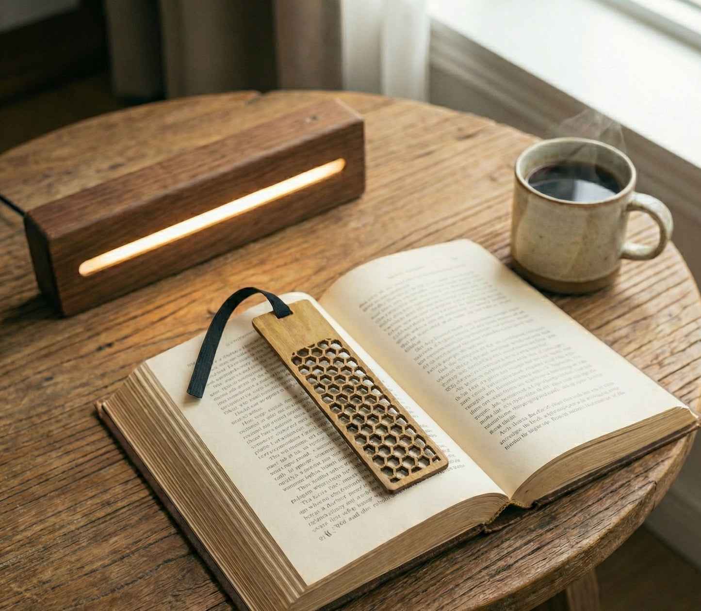 Laser Cut Wooden Bookmark with Elastic Book Strap | Geometric Plywood Page Keeper | Honeycomb, Wave & Scale Designs | Free Shipping