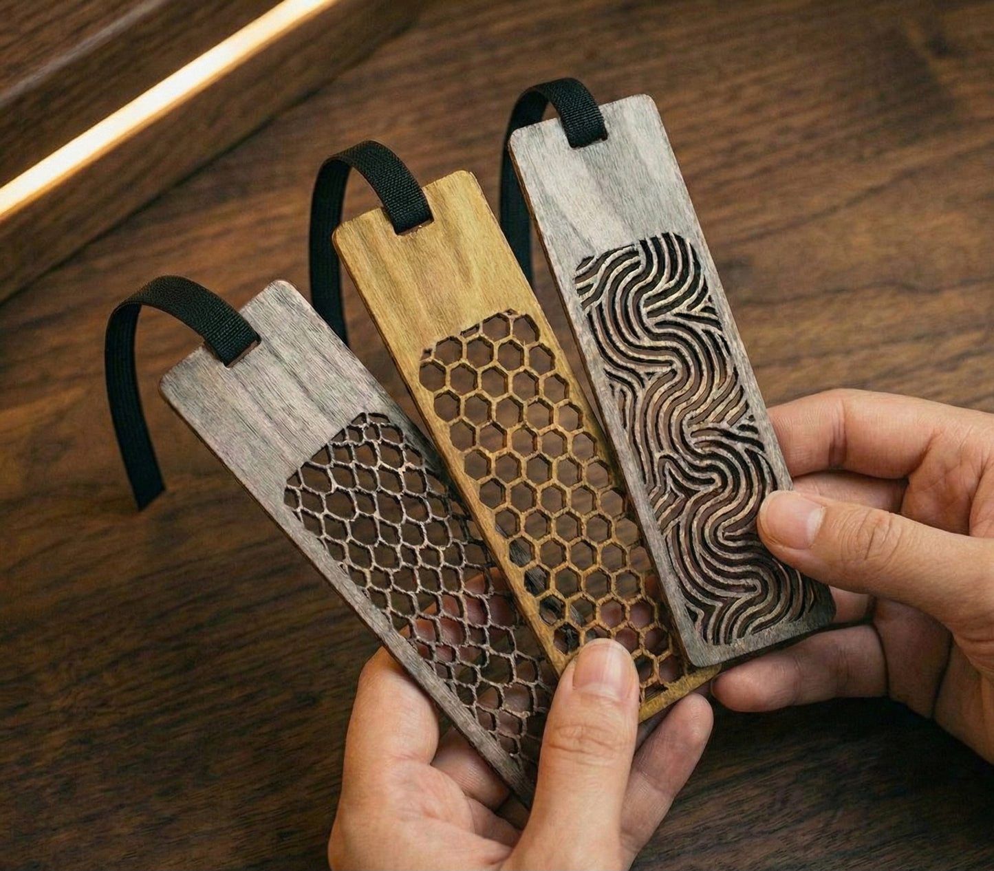 Laser Cut Wooden Bookmark with Elastic Book Strap | Geometric Plywood Page Keeper | Honeycomb, Wave & Scale Designs | Free Shipping