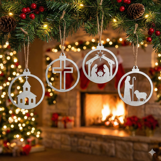 Silver Christian Christmas Bauble Set | Laser Cut Nativity, Cross, & Church Ornaments | Religious Holiday Tree Decorations (Pack of 4)